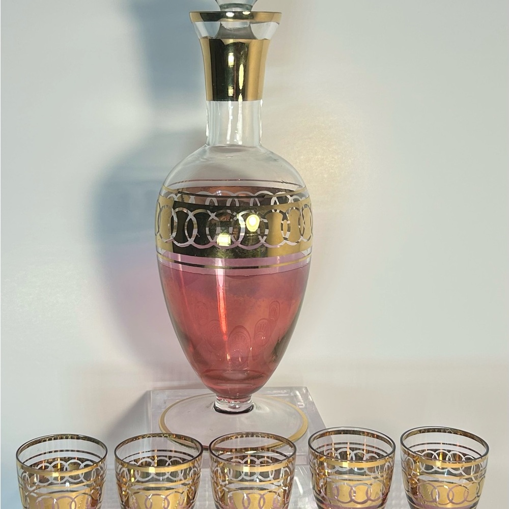Elegant Gold and Pink Glass Decanter Set